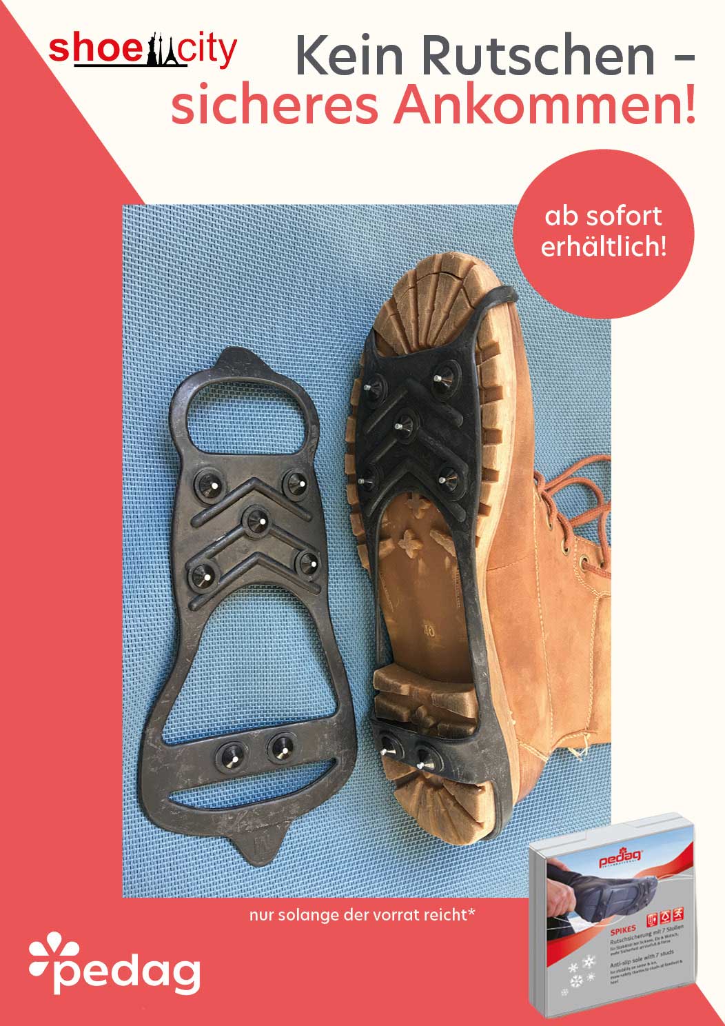 Spikes, die unter den Schuhen angebracht werden können, um das Rutschen auf Eis zu vermeiden.